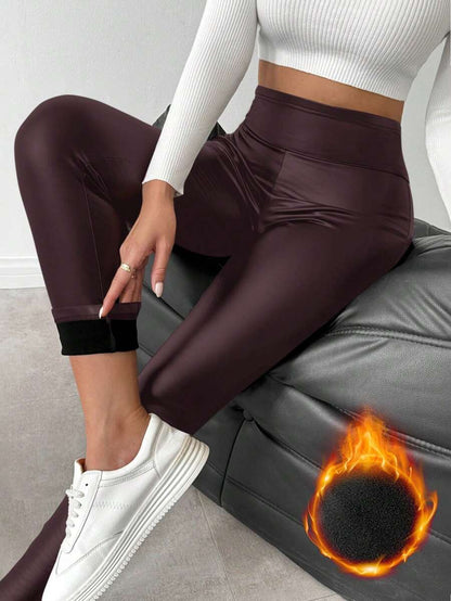 SHEIN LUNE Leggings femininas quentes de couro sintético com forro térmico, calças compridas básicas para outono/inverno