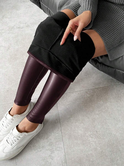 SHEIN LUNE Leggings femininas quentes de couro sintético com forro térmico, calças compridas básicas para outono/inverno