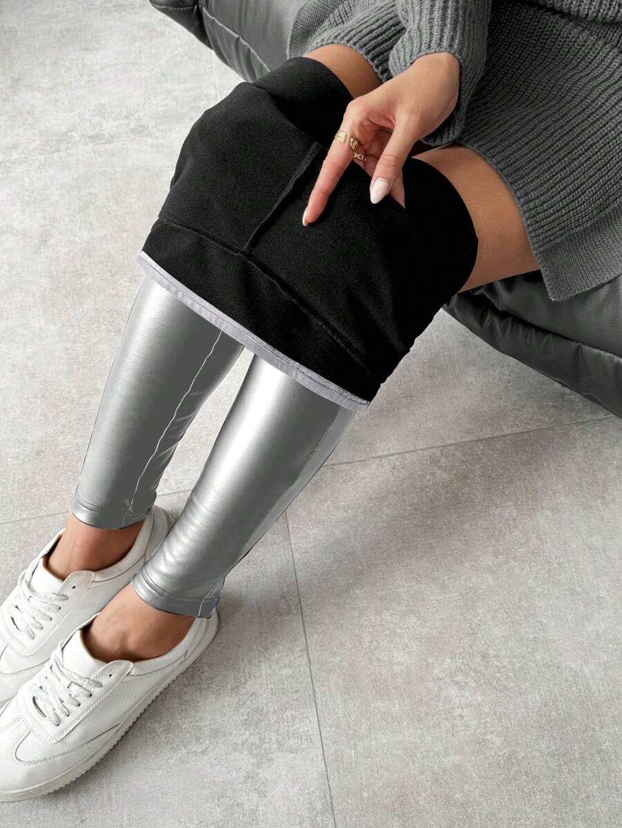 SHEIN LUNE Leggings femininas quentes de couro sintético com forro térmico, calças compridas básicas para outono/inverno