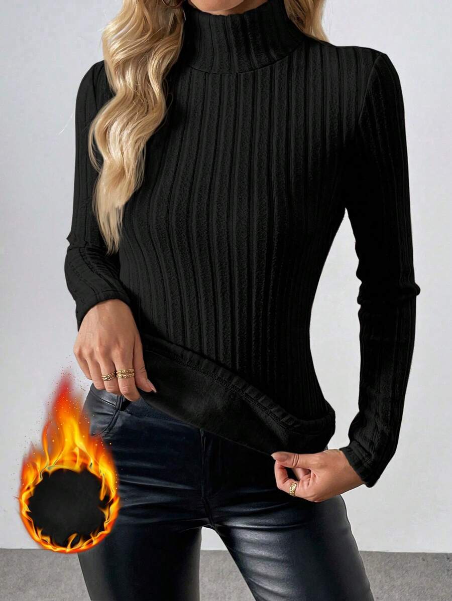 Calvaya Blusa de malha canelada com forro térmico e gola alta, manga comprida, outono
