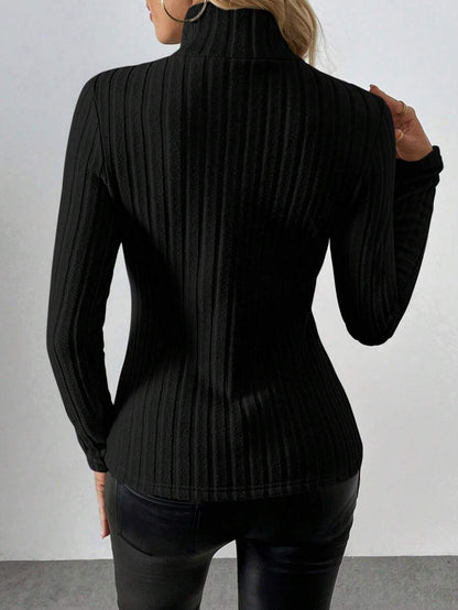 Calvaya Blusa de malha canelada com forro térmico e gola alta, manga comprida, outono