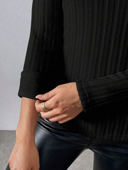 Calvaya Blusa de malha canelada com forro térmico e gola alta, manga comprida, outono