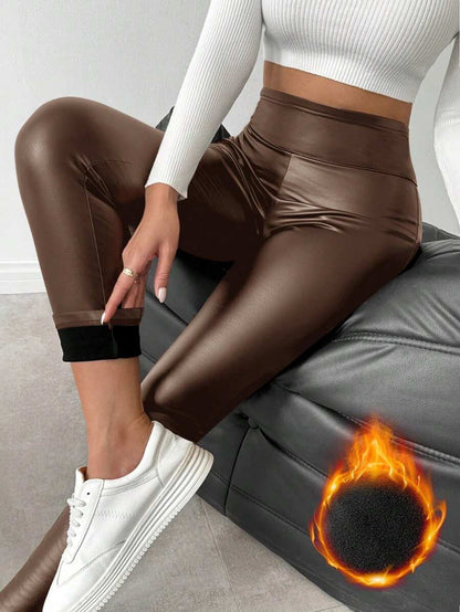 SHEIN LUNE Leggings femininas quentes de couro sintético com forro térmico, calças compridas básicas para outono/inverno