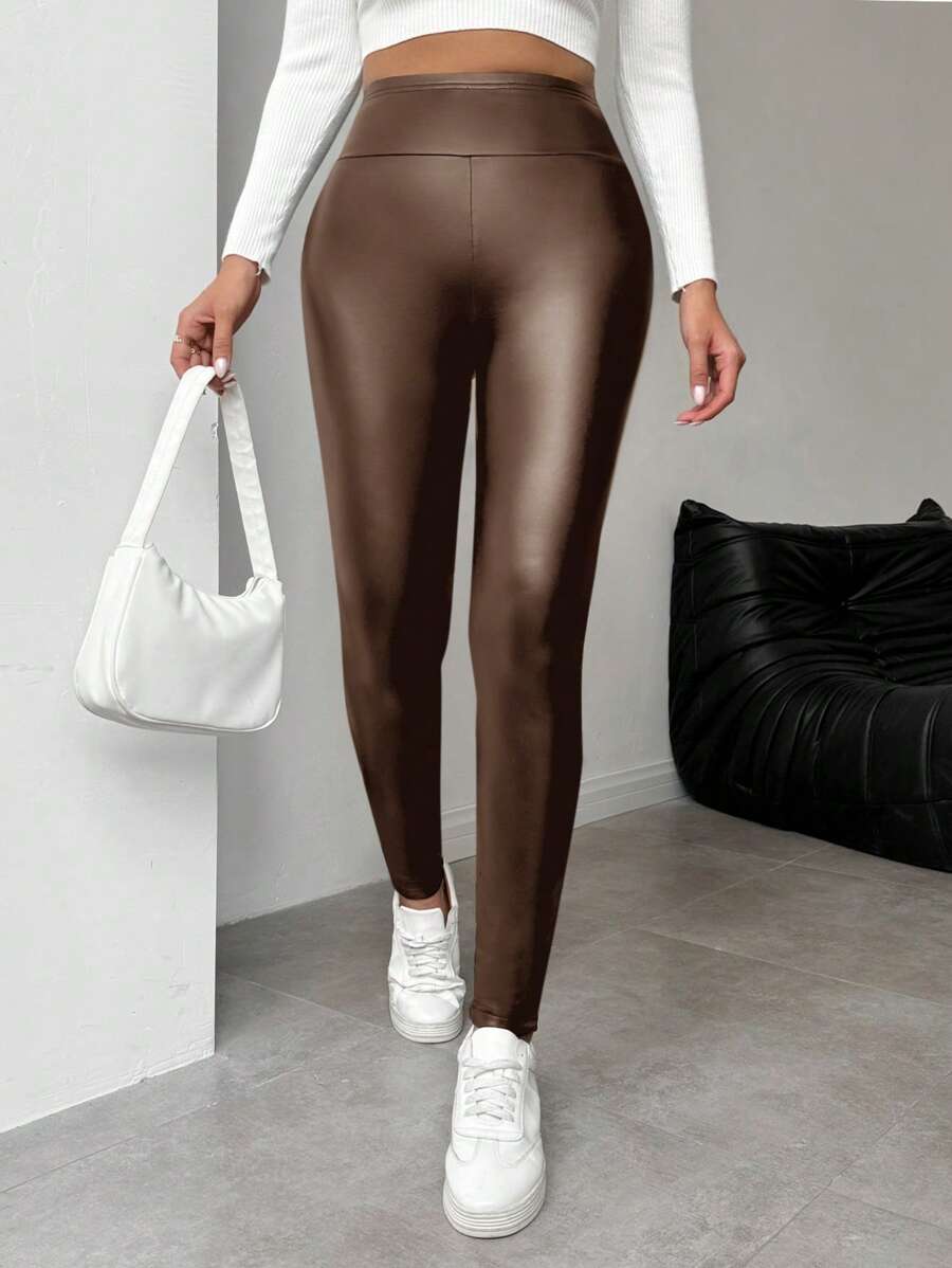 SHEIN LUNE Leggings femininas quentes de couro sintético com forro térmico, calças compridas básicas para outono/inverno