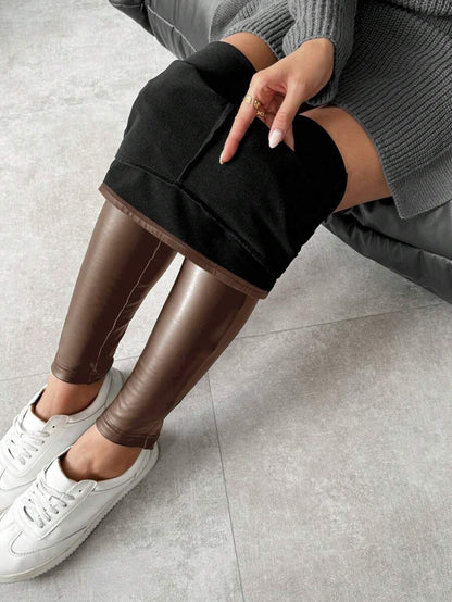 SHEIN LUNE Leggings femininas quentes de couro sintético com forro térmico, calças compridas básicas para outono/inverno