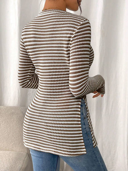 SHEIN Frenchy Women Casual Striped Long Sleeve T-Shirt With Slit Hem,Tight Turtleneck, Textured Fabric ,Commute,Minimalist,Office,Old Money,Simple,Autumn/Winter,