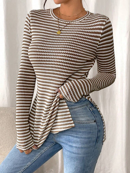 SHEIN Frenchy Women Casual Striped Long Sleeve T-Shirt With Slit Hem,Tight Turtleneck, Textured Fabric ,Commute,Minimalist,Office,Old Money,Simple,Autumn/Winter,