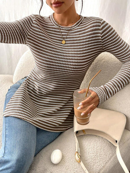 SHEIN Frenchy Women Casual Striped Long Sleeve T-Shirt With Slit Hem,Tight Turtleneck, Textured Fabric ,Commute,Minimalist,Office,Old Money,Simple,Autumn/Winter,
