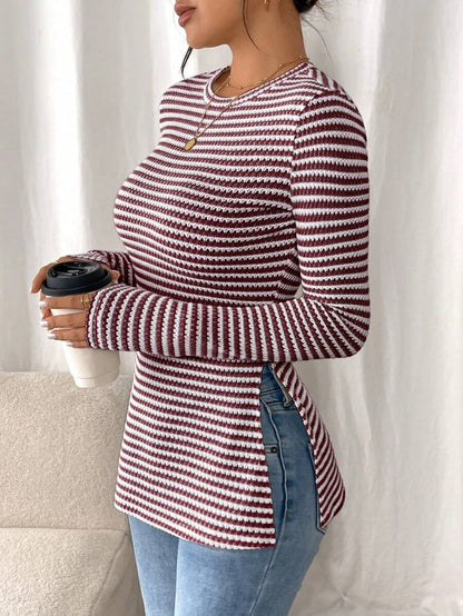 SHEIN Frenchy Women Casual Striped Long Sleeve T-Shirt With Slit Hem,Tight Turtleneck, Textured Fabric ,Commute,Minimalist,Office,Old Money,Simple,Autumn/Winter,