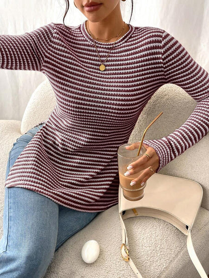 SHEIN Frenchy Women Casual Striped Long Sleeve T-Shirt With Slit Hem,Tight Turtleneck, Textured Fabric ,Commute,Minimalist,Office,Old Money,Simple,Autumn/Winter,