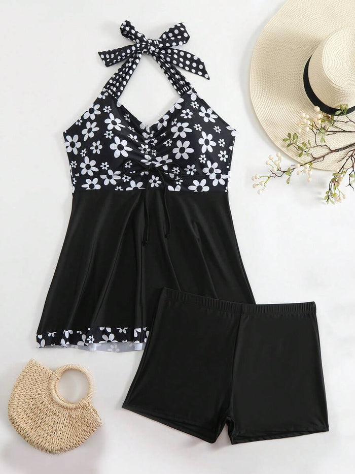 Floral Print Criss-Cross Drawstring Split Skirt Swimwear Set For Women, Ladies Swimwear And Summer Beach Vacation Outfit, Women's Spaghetti Strap Tankini Swimwear Black