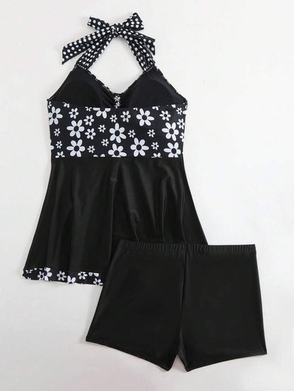 Floral Print Criss-Cross Drawstring Split Skirt Swimwear Set For Women, Ladies Swimwear And Summer Beach Vacation Outfit, Women's Spaghetti Strap Tankini Swimwear Black