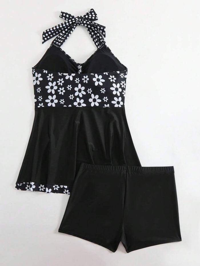 Floral Print Criss-Cross Drawstring Split Skirt Swimwear Set For Women, Ladies Swimwear And Summer Beach Vacation Outfit, Women's Spaghetti Strap Tankini Swimwear Black