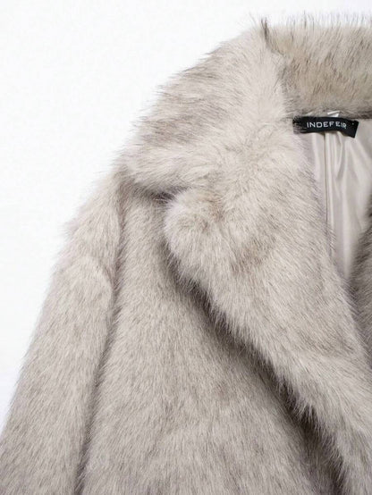 HH Mulheres Inverno Elegante Sólido Efeito Pele Sintética Manga Longa Cardigan Casaco Feminino Casual High Street Bolsos Casaco