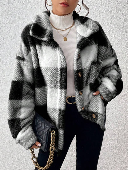INAWLY Jaqueta feminina casual xadrez felpuda com botões frontais para uso diário no outono/inverno