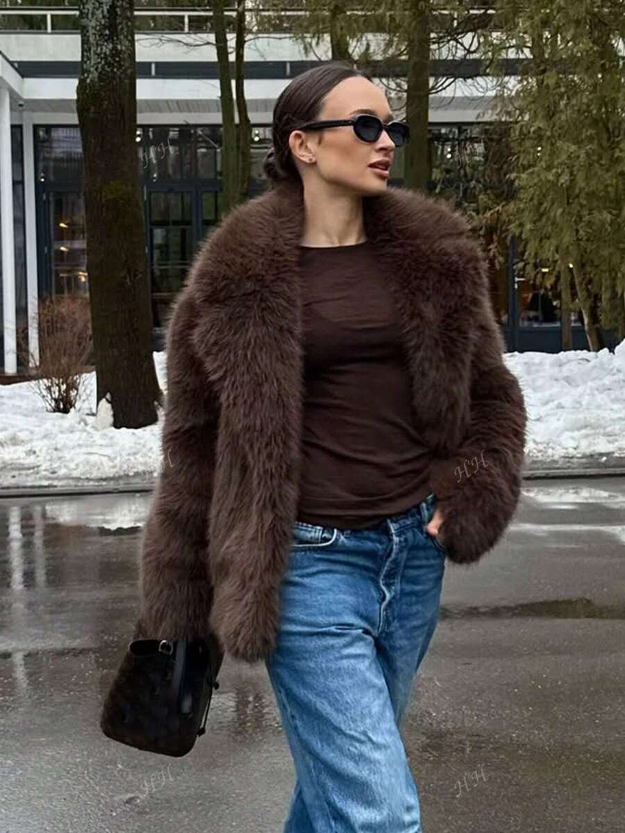 HH Mulheres Inverno Elegante Sólido Efeito Pele Sintética Manga Longa Cardigan Casaco Feminino Casual High Street Bolsos Casaco