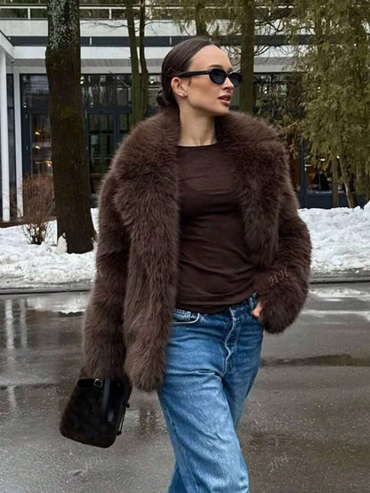 HH Mulheres Inverno Elegante Sólido Efeito Pele Sintética Manga Longa Cardigan Casaco Feminino Casual High Street Bolsos Casaco