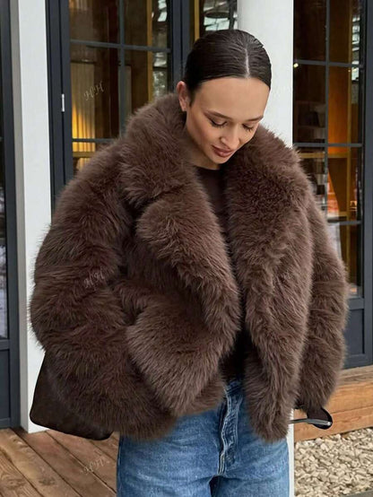 HH Mulheres Inverno Elegante Sólido Efeito Pele Sintética Manga Longa Cardigan Casaco Feminino Casual High Street Bolsos Casaco