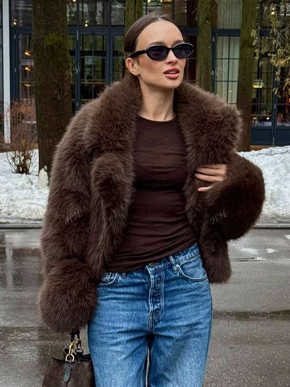 HH Mulheres Inverno Elegante Sólido Efeito Pele Sintética Manga Longa Cardigan Casaco Feminino Casual High Street Bolsos Casaco
