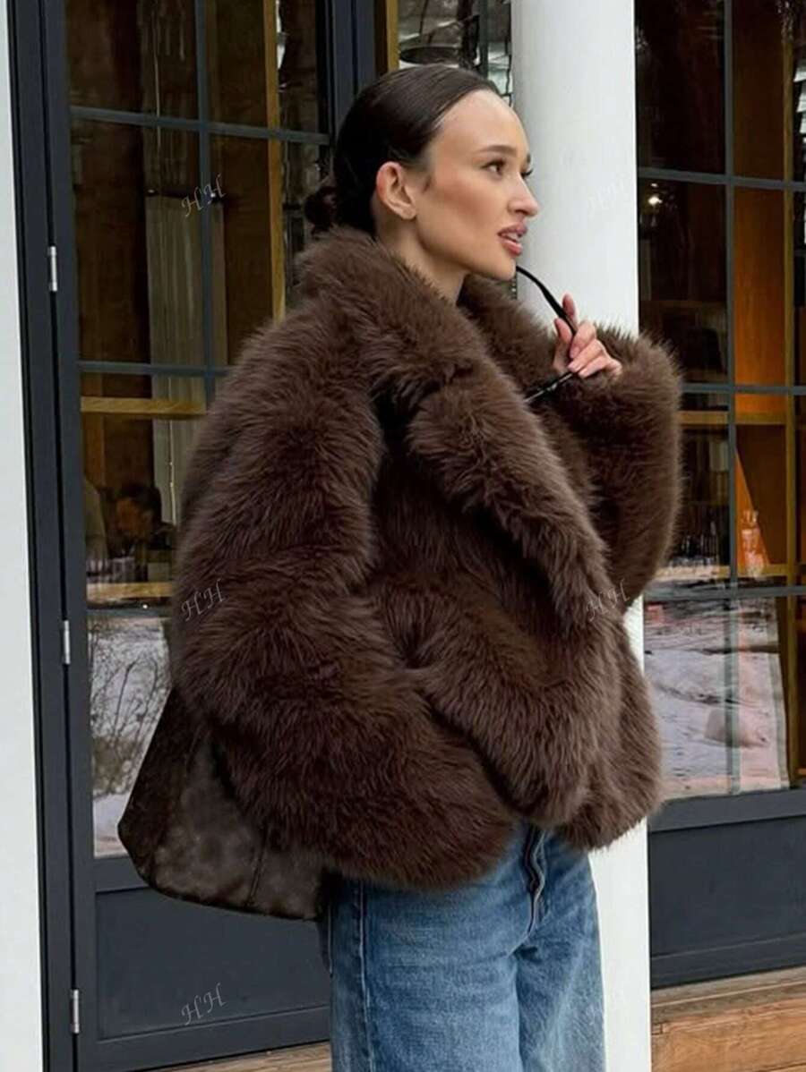 HH Mulheres Inverno Elegante Sólido Efeito Pele Sintética Manga Longa Cardigan Casaco Feminino Casual High Street Bolsos Casaco