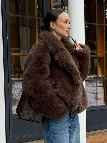 HH Mulheres Inverno Elegante Sólido Efeito Pele Sintética Manga Longa Cardigan Casaco Feminino Casual High Street Bolsos Casaco
