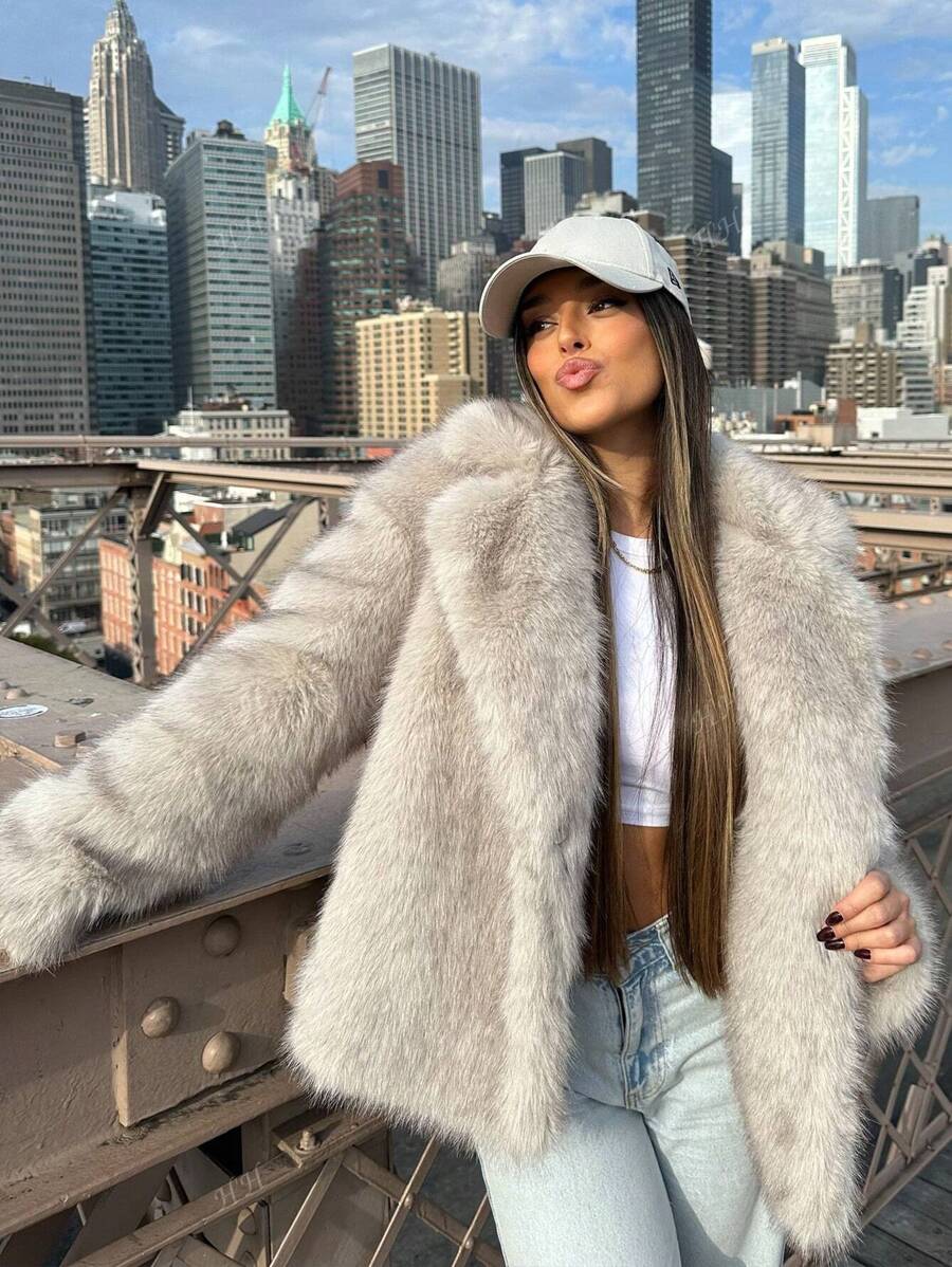 HH Mulheres Inverno Elegante Sólido Efeito Pele Sintética Manga Longa Cardigan Casaco Feminino Casual High Street Bolsos Casaco