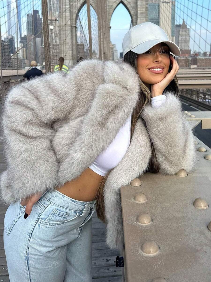 HH Mulheres Inverno Elegante Sólido Efeito Pele Sintética Manga Longa Cardigan Casaco Feminino Casual High Street Bolsos Casaco