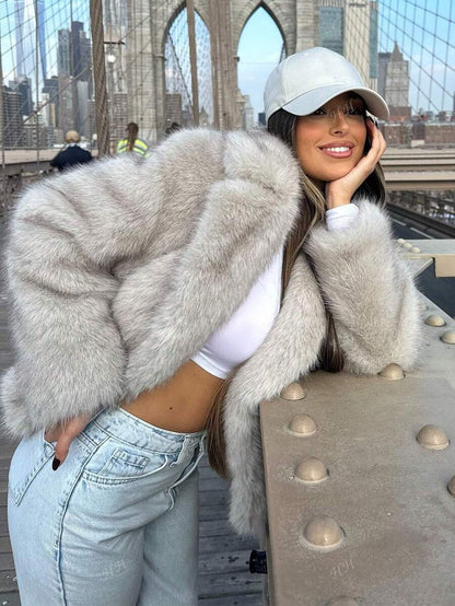 HH Mulheres Inverno Elegante Sólido Efeito Pele Sintética Manga Longa Cardigan Casaco Feminino Casual High Street Bolsos Casaco