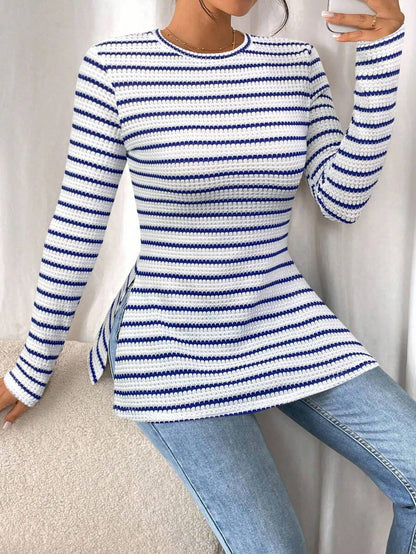 SHEIN Frenchy Women Casual Striped Long Sleeve T-Shirt With Slit Hem,Tight Turtleneck, Textured Fabric ,Commute,Minimalist,Office,Old Money,Simple,Autumn/Winter,