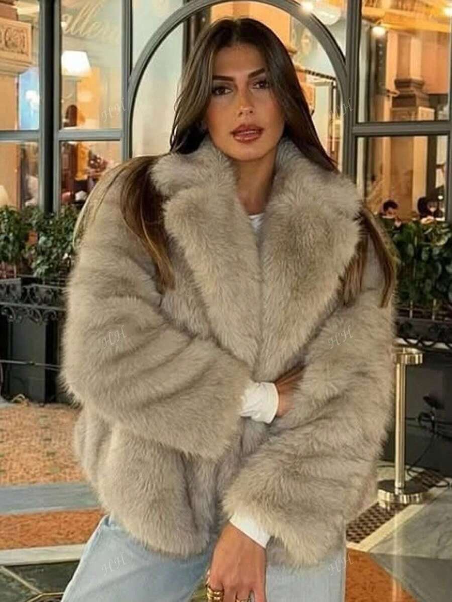 HH Mulheres Inverno Elegante Sólido Efeito Pele Sintética Manga Longa Cardigan Casaco Feminino Casual High Street Bolsos Casaco