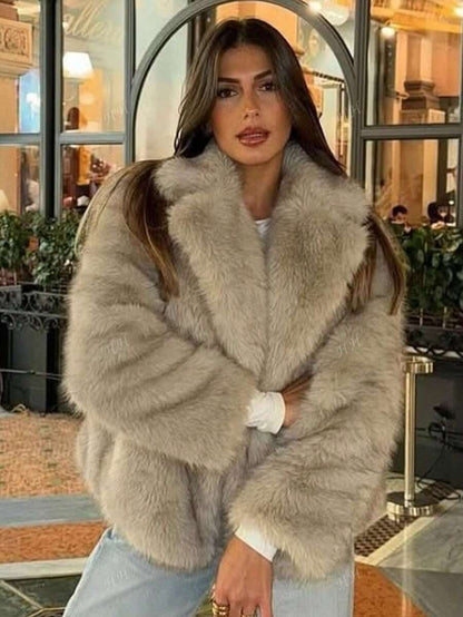 HH Mulheres Inverno Elegante Sólido Efeito Pele Sintética Manga Longa Cardigan Casaco Feminino Casual High Street Bolsos Casaco