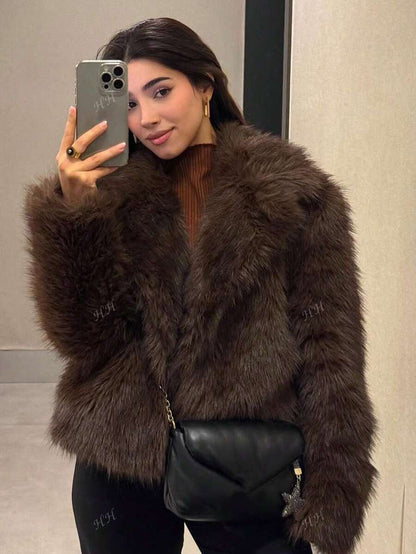 HH Mulheres Inverno Elegante Sólido Efeito Pele Sintética Manga Longa Cardigan Casaco Feminino Casual High Street Bolsos Casaco