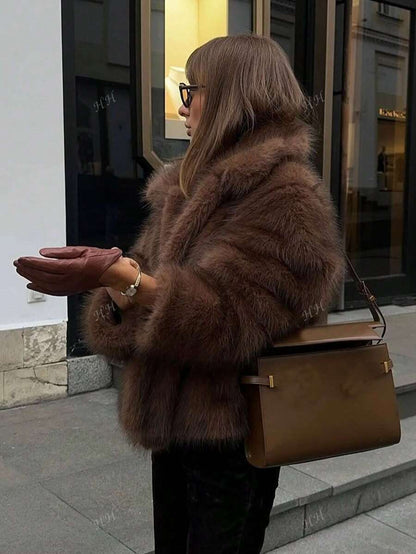 HH Mulheres Inverno Elegante Sólido Efeito Pele Sintética Manga Longa Cardigan Casaco Feminino Casual High Street Bolsos Casaco