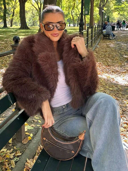 HH Mulheres Inverno Elegante Sólido Efeito Pele Sintética Manga Longa Cardigan Casaco Feminino Casual High Street Bolsos Casaco