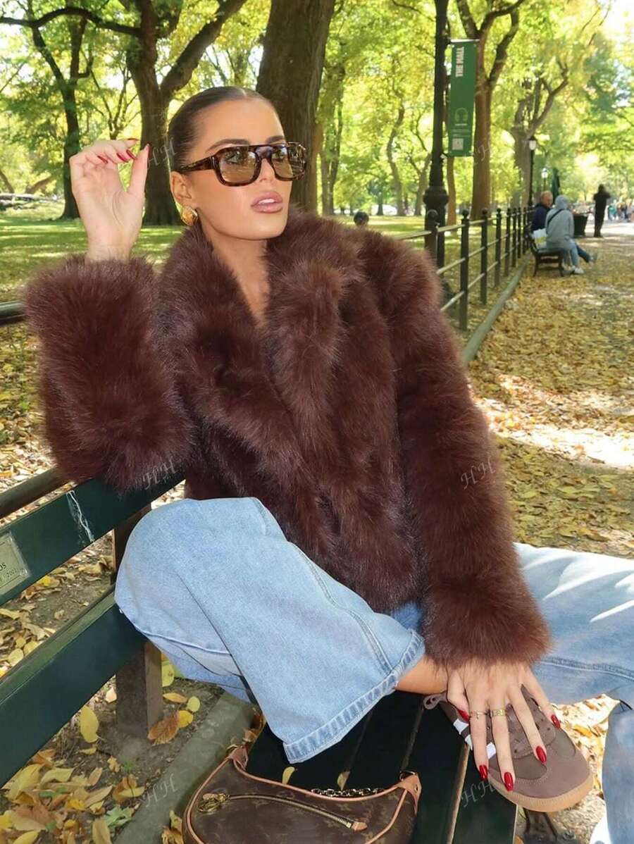 HH Mulheres Inverno Elegante Sólido Efeito Pele Sintética Manga Longa Cardigan Casaco Feminino Casual High Street Bolsos Casaco