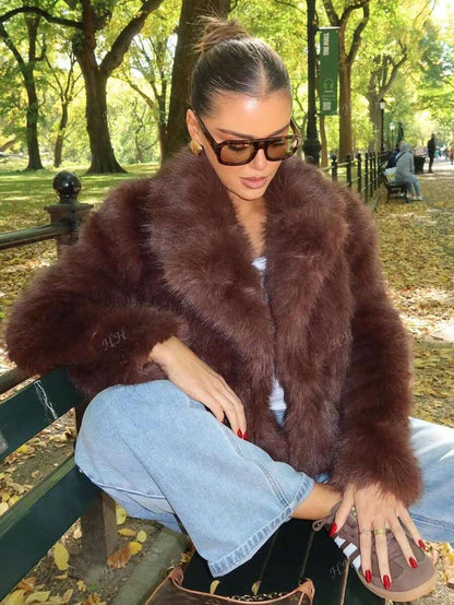 HH Mulheres Inverno Elegante Sólido Efeito Pele Sintética Manga Longa Cardigan Casaco Feminino Casual High Street Bolsos Casaco