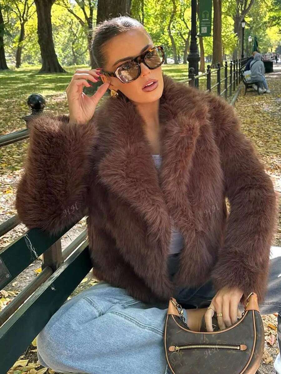 HH Mulheres Inverno Elegante Sólido Efeito Pele Sintética Manga Longa Cardigan Casaco Feminino Casual High Street Bolsos Casaco