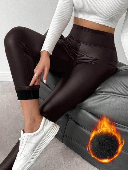 SHEIN LUNE Leggings femininas quentes de couro sintético com forro térmico, calças compridas básicas para outono/inverno