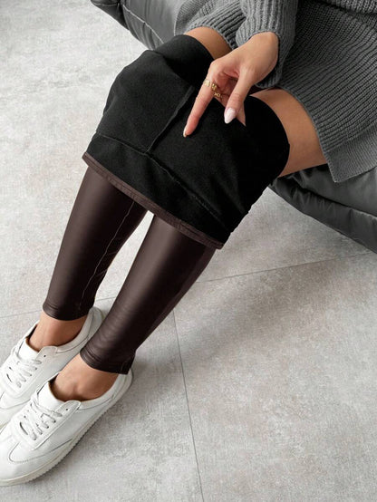SHEIN LUNE Leggings femininas quentes de couro sintético com forro térmico, calças compridas básicas para outono/inverno