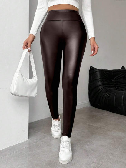SHEIN LUNE Leggings femininas quentes de couro sintético com forro térmico, calças compridas básicas para outono/inverno