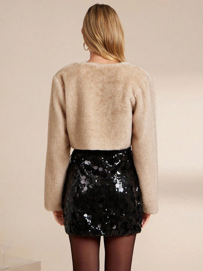 SHEIN Clasi Casaco feminino de cor sólida, manga comprida, frente aberta, curto e fofo, inverno