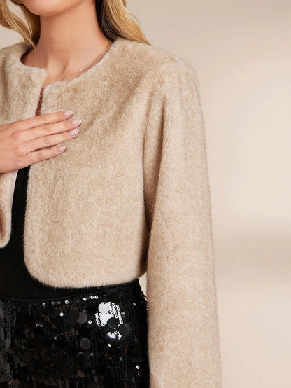 SHEIN Clasi Casaco feminino de cor sólida, manga comprida, frente aberta, curto e fofo, inverno