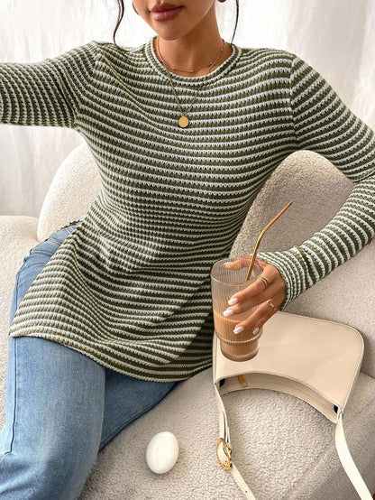 SHEIN Frenchy Women Casual Striped Long Sleeve T-Shirt With Slit Hem,Tight Turtleneck, Textured Fabric ,Commute,Minimalist,Office,Old Money,Simple,Autumn/Winter,