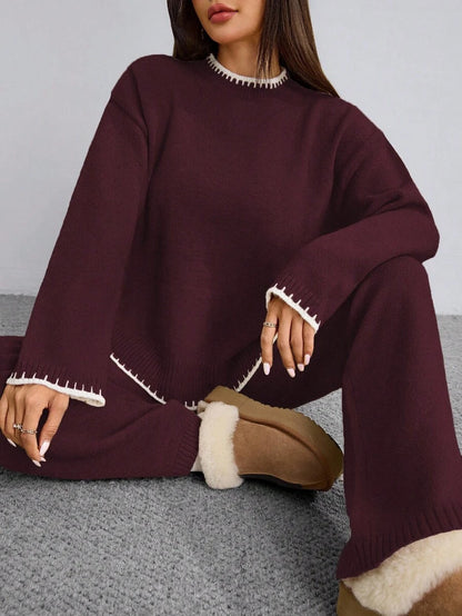 Flirla 2pcs Women Colorblock Rib-Trim Round Neck Long Sleeve Sweater And Pants Set Fall Winter Cloth For Women