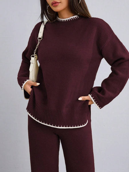 Flirla 2pcs Women Colorblock Rib-Trim Round Neck Long Sleeve Sweater And Pants Set Fall Winter Cloth For Women