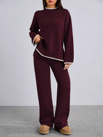 Flirla 2pcs Women Colorblock Rib-Trim Round Neck Long Sleeve Sweater And Pants Set Fall Winter Cloth For Women