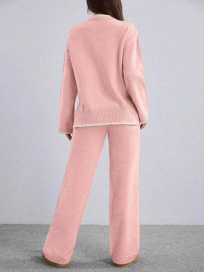 Flirla 2pcs Women Colorblock Rib-Trim Round Neck Long Sleeve Sweater And Pants Set Fall Winter Cloth For Women