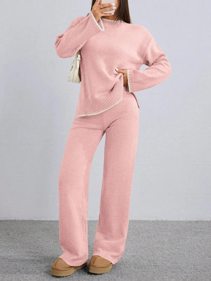 Flirla 2pcs Women Colorblock Rib-Trim Round Neck Long Sleeve Sweater And Pants Set Fall Winter Cloth For Women