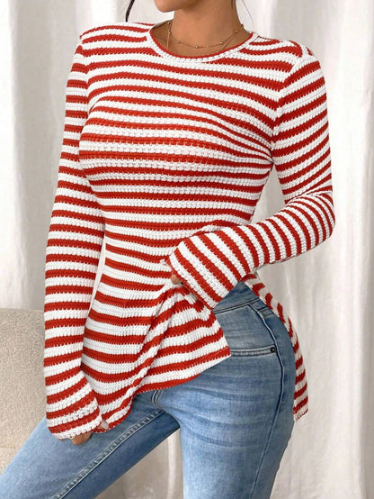 SHEIN Frenchy Women Casual Striped Long Sleeve T-Shirt With Slit Hem,Tight Turtleneck, Textured Fabric ,Commute,Minimalist,Office,Old Money,Simple,Autumn/Winter,