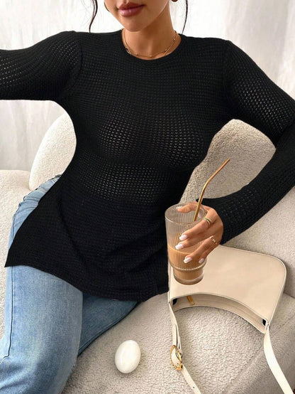 SHEIN Frenchy Women Casual Striped Long Sleeve T-Shirt With Slit Hem,Tight Turtleneck, Textured Fabric ,Commute,Minimalist,Office,Old Money,Simple,Autumn/Winter,